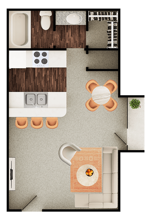 A top-down view of a kitchen with a dining area.
